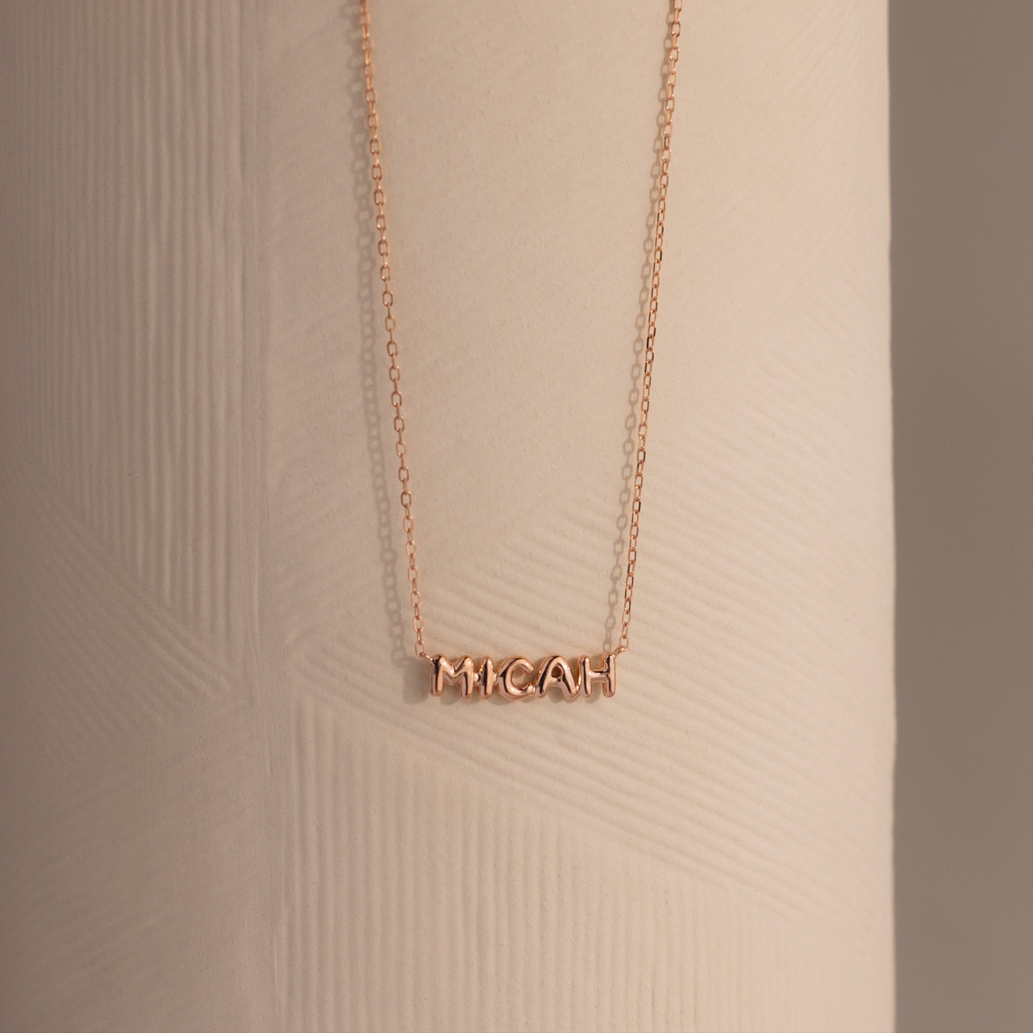 Custom Tiny 3D Bubble Name Necklace in Rose Gold Caitlyn Minimalist