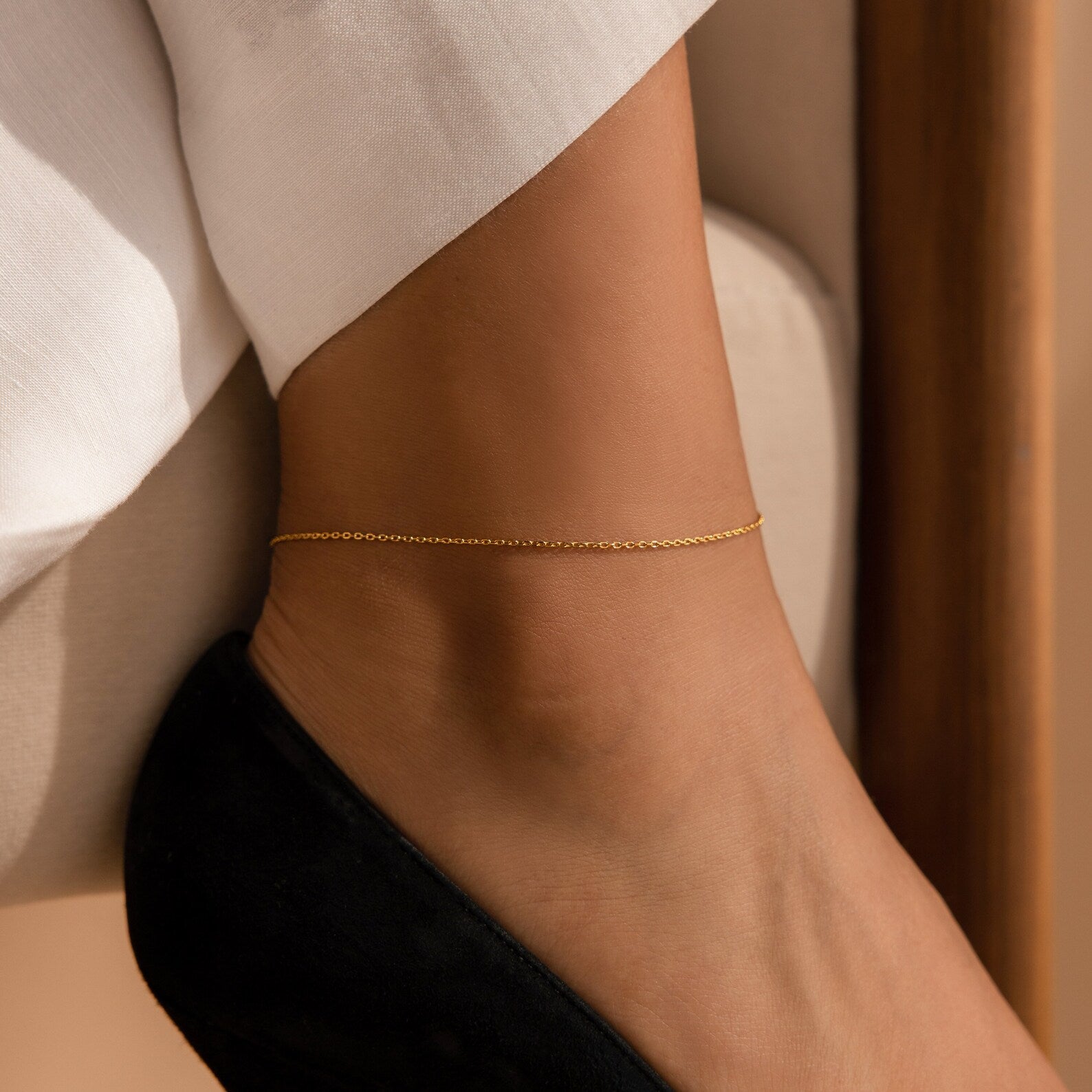 Dainty Thin Micro Rolo Chain Anklet Caitlyn Minimalist