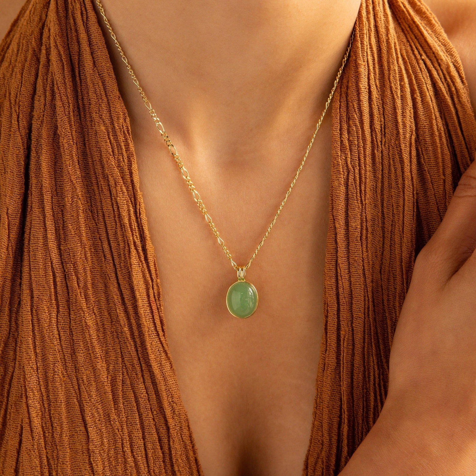 Jade Gemstone Oval Pendant Figaro Chain Necklace Caitlyn Minimalist
