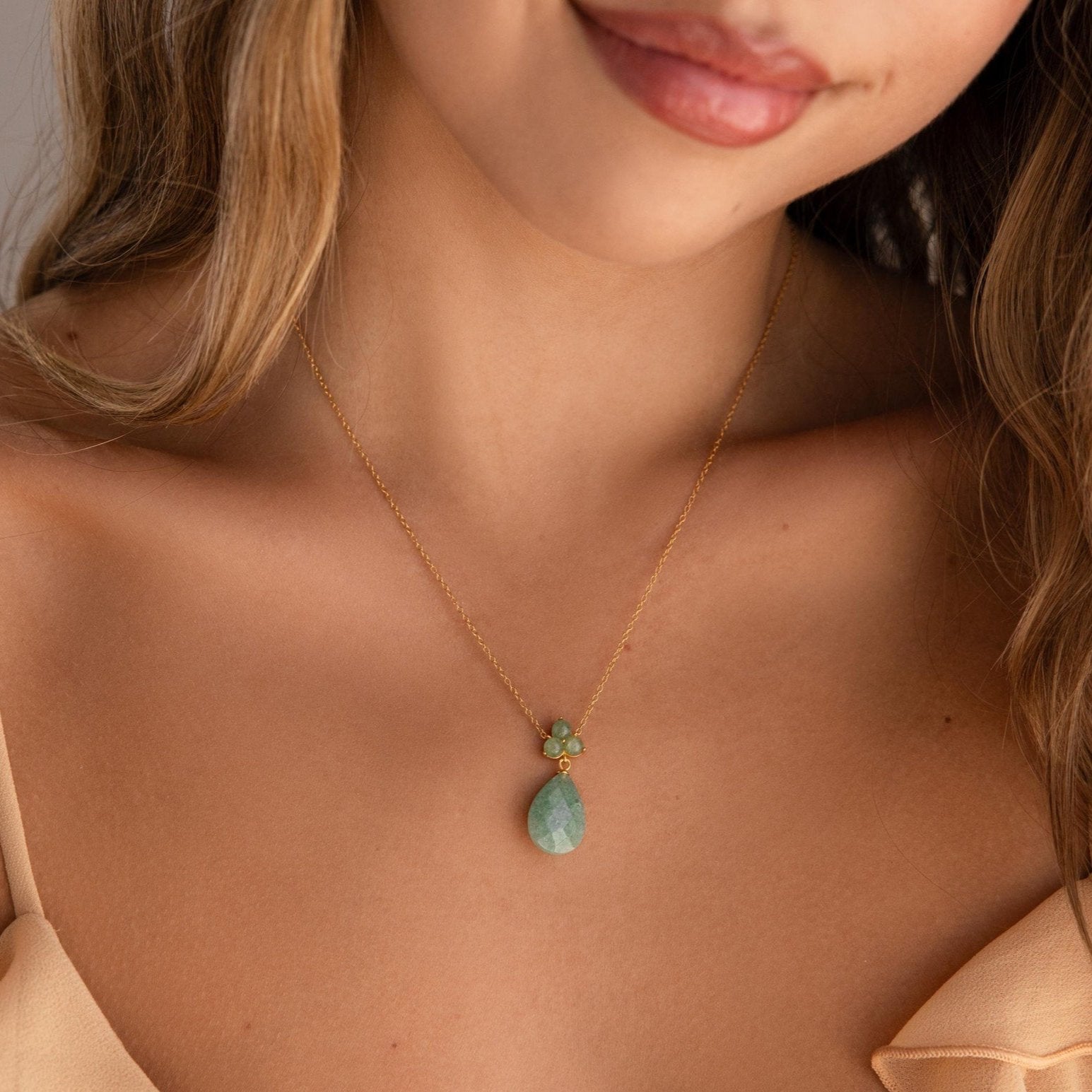 Green Jade Gemstone Teardrop Pendant Necklace Caitlyn Minimalist