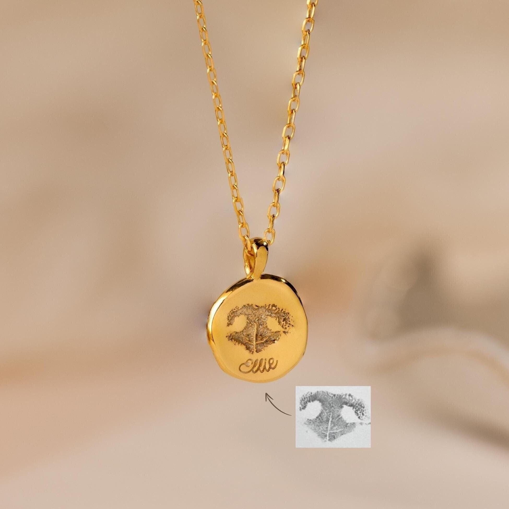 Custom 3D Engraved Pet Paw Nose Print Organic Coin Necklace Caitlyn Minimalist