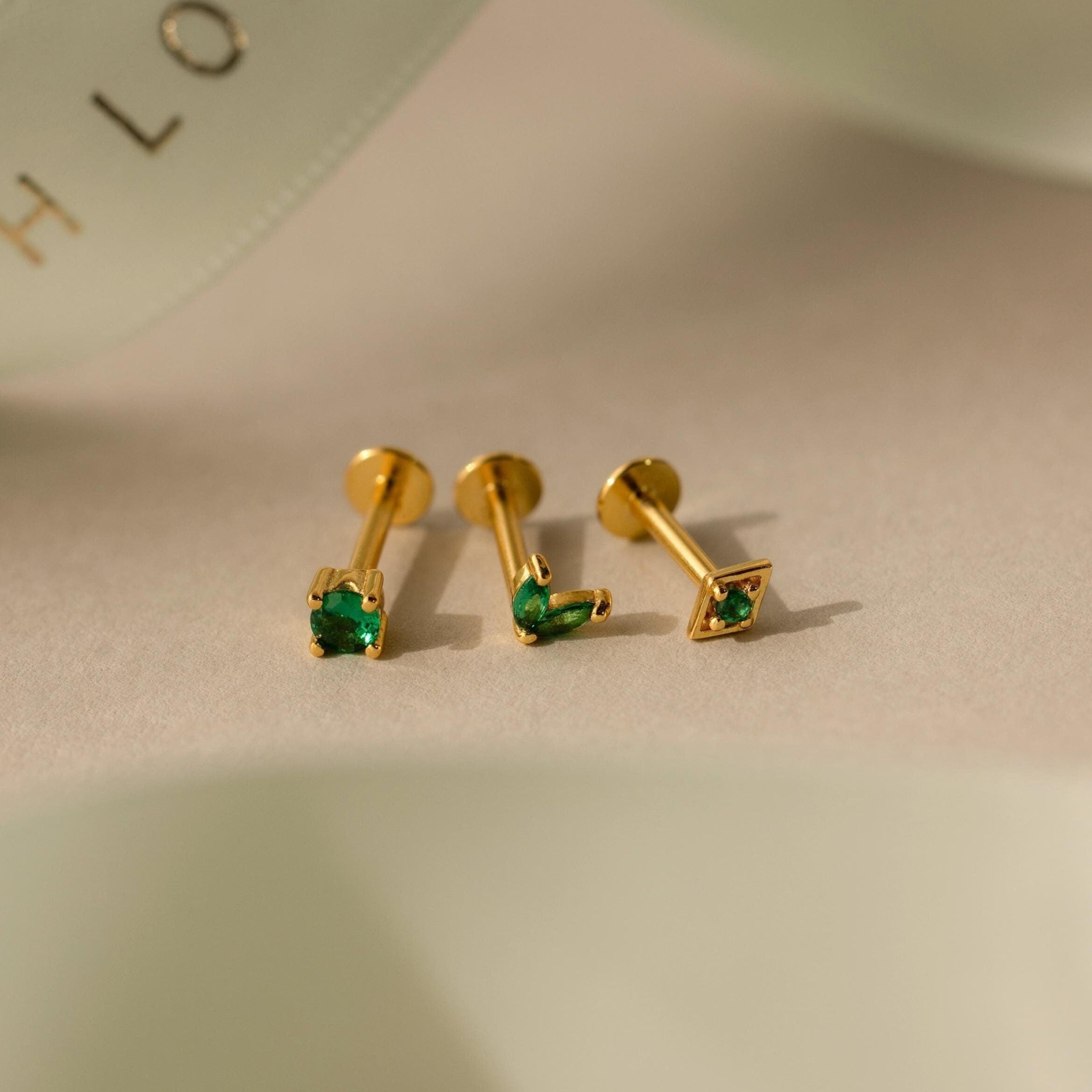 Set of Dainty Studs: Emerald Flat Back Earrings Set Caitlyn Minimalist