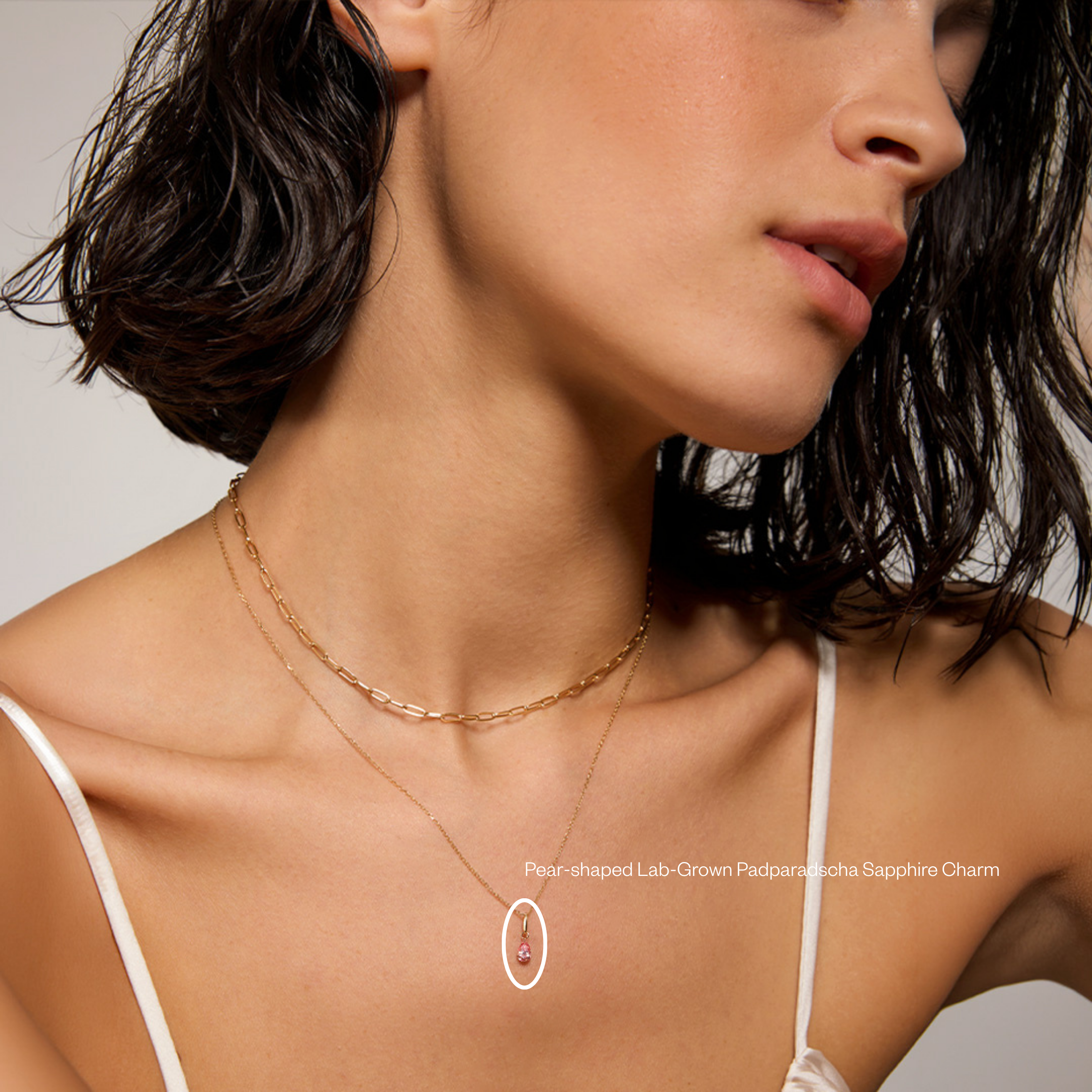Solid Gold Pear Lab-Grown Padparadscha Sapphire Charm