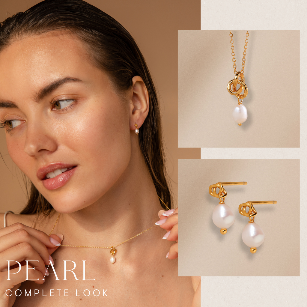 A woman wears the Knot Pearl Necklace & Earrings Set; close-ups on the right showcase the matching jewelry—an elegant gift for her.