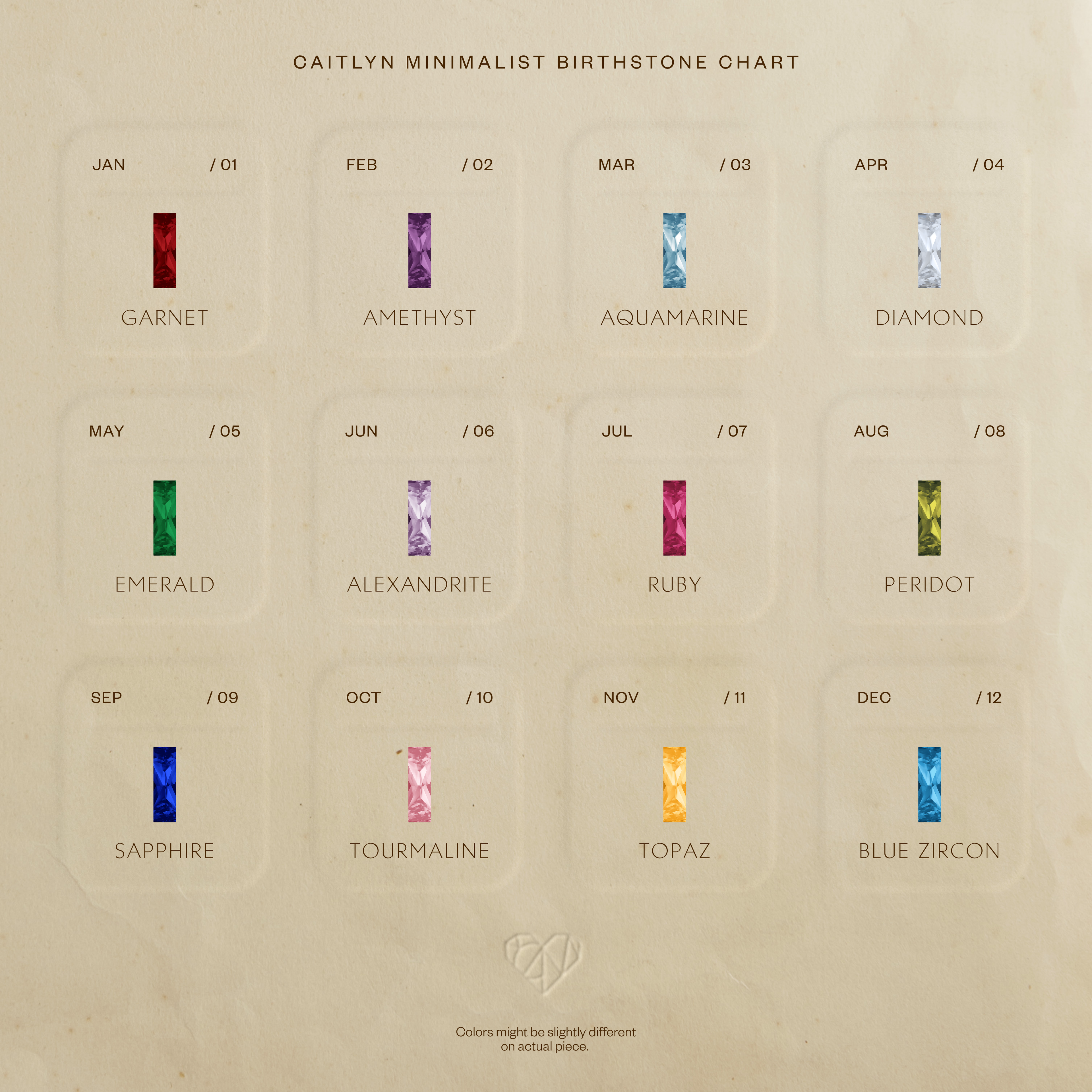 Birthstone chart featuring the Skinny Baguette Ruby Charm, a gold charm for July, with twelve colorful gemstones representing each month from January to December.
