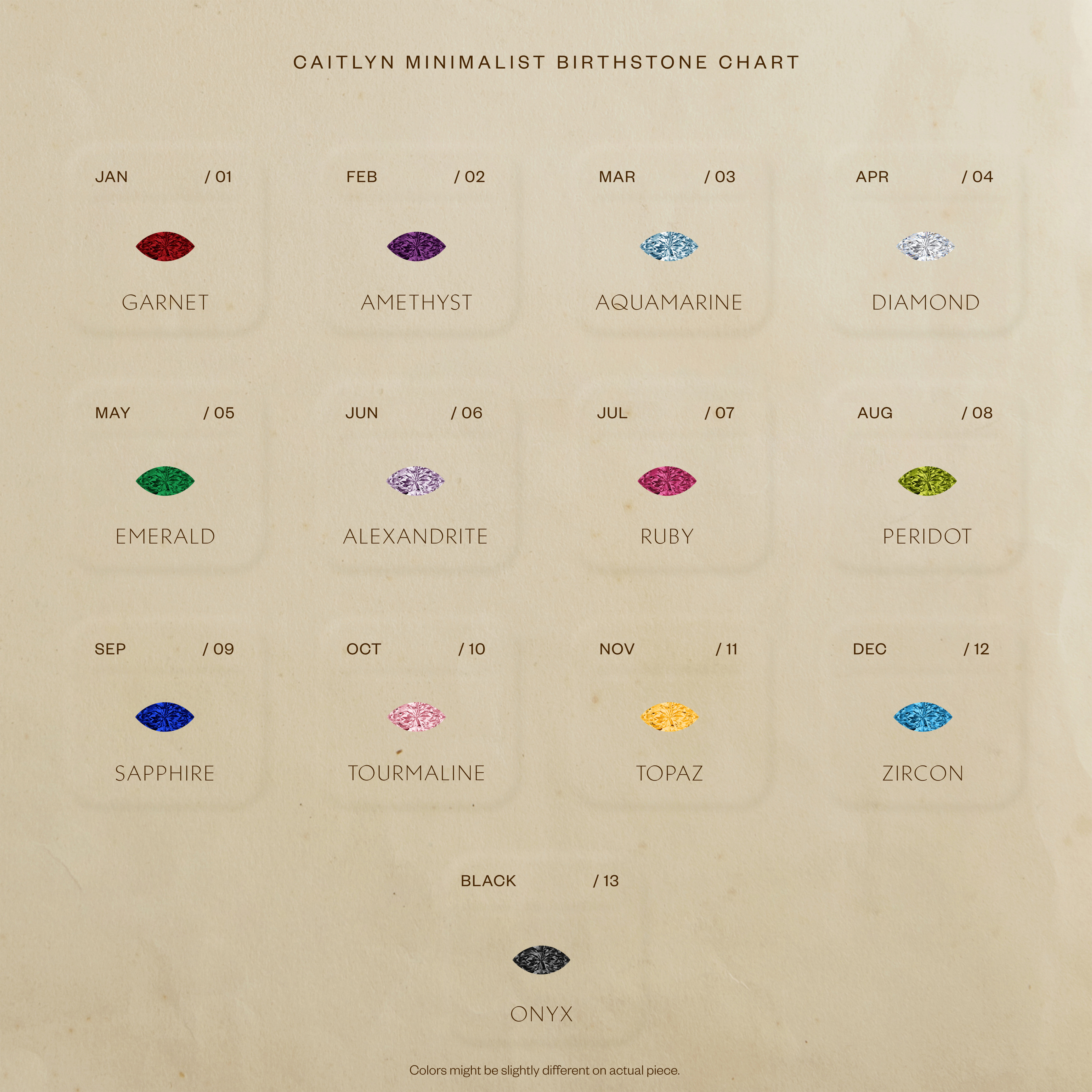A minimalist birthstone chart features gems for each month, a pair of Birthstone Flower Studs, and a black onyx gem—perfect inspiration for creating personalized or gemstone earrings.