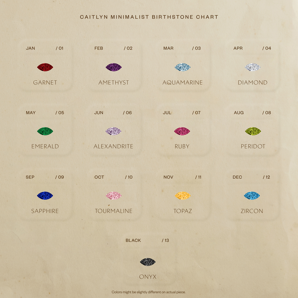 Minimalist chart displays marquise-cut birthstones, including black onyx for each month, on a beige background—ideal inspiration to design or customize your own Marquise Birthstone Signet Ring.