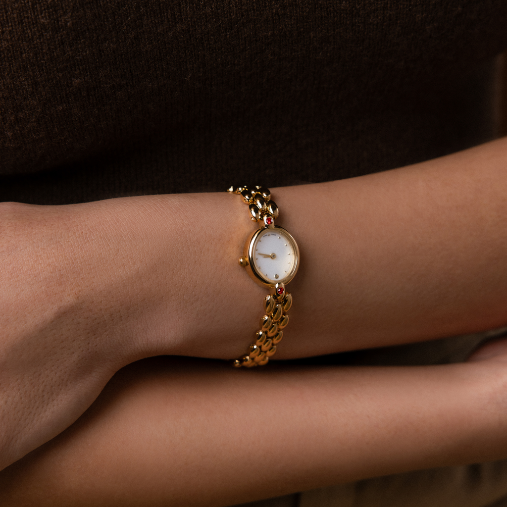 Close up of our Cherry Blossom Timepiece watch on a wrist