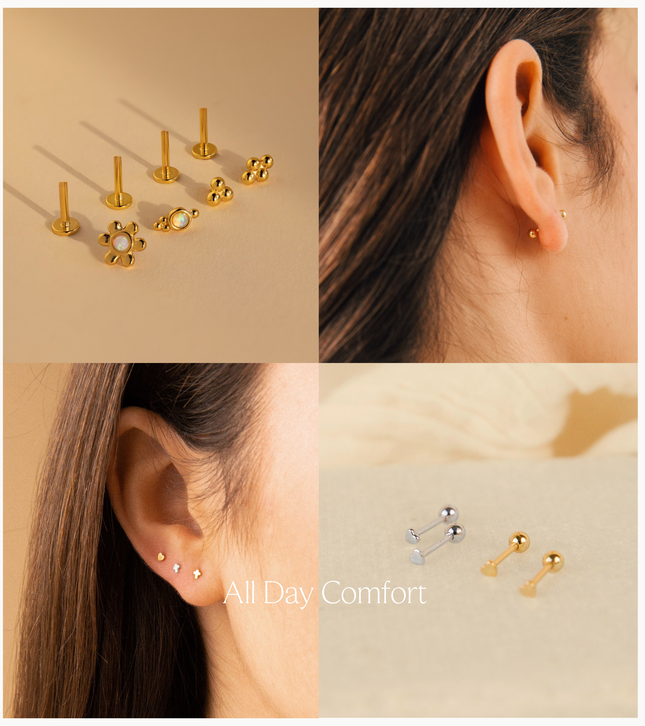 A collage banner with text "all day comfort" featuring a nap earring collection. 1 photo features a jewelry model showcasing an earring stack consisting of a gold heart stud and 2 silver cross stud earrings. 2nd photo features a flatlay of opal cluster flatback studs. 3rd photo features a flatlay of silver and gold heart ball back studs. 4th photo features a jewelry model showcasing a gold ball back stud.