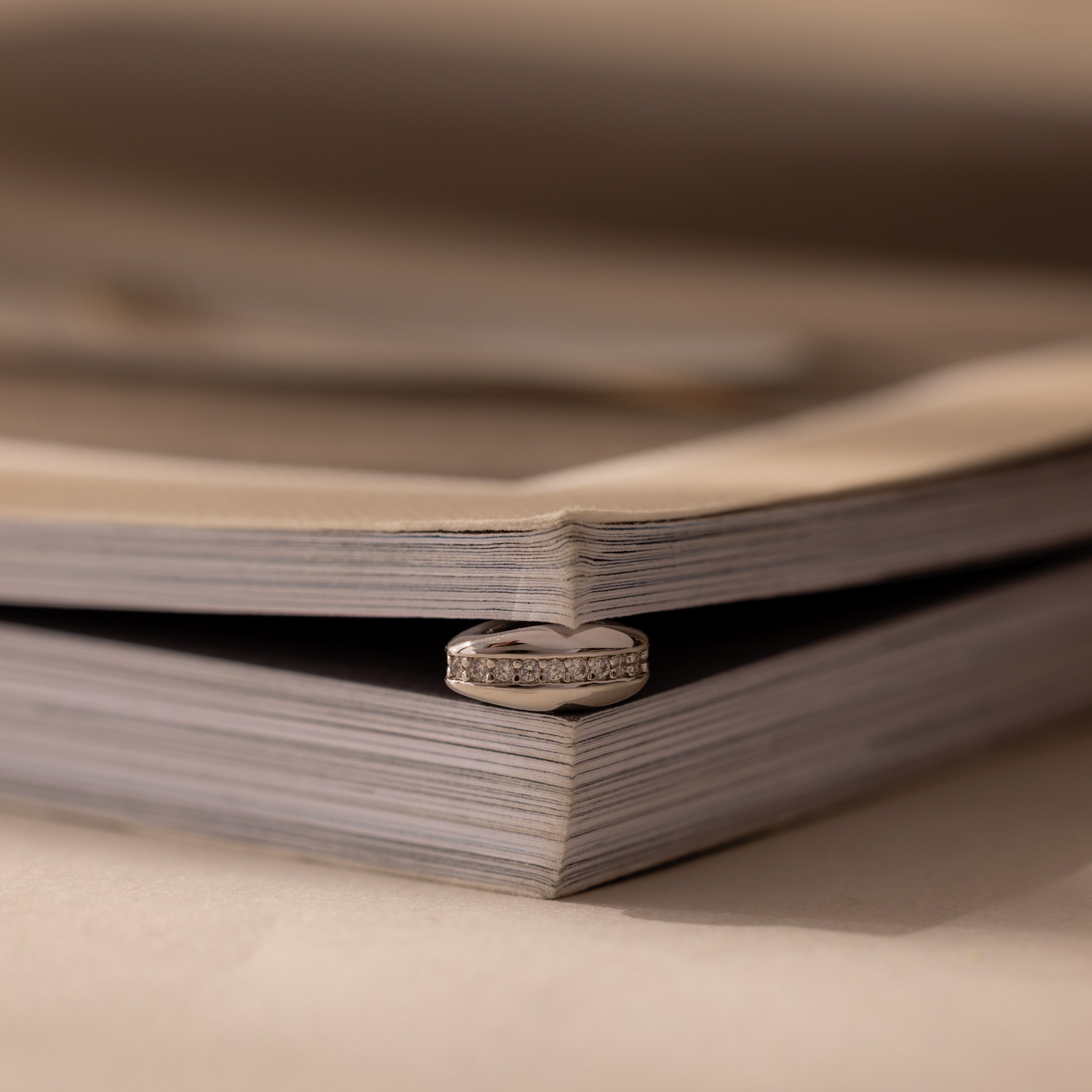 A Pave Dome Charm in Silver gleams in the crease of an open book, its shine beautifully framed by pages folded into a heart shape.
