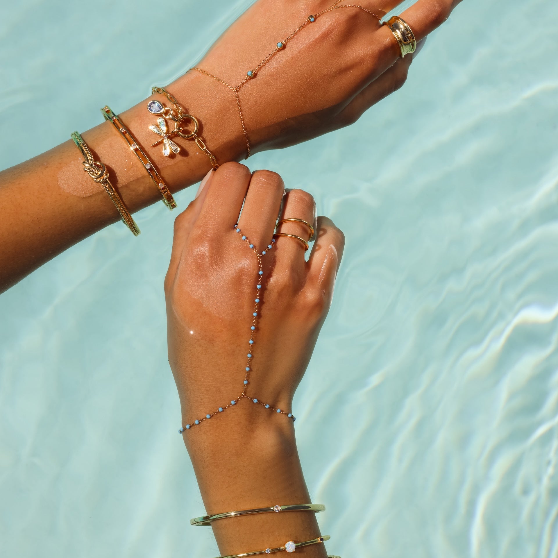 Ocean Beaded Hand Chain Bracelet in 18K Gold