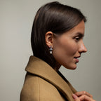 Woman in a brown coat showcases Aquamarine Pearl Drop Earrings in Silver, photographed in profile against a plain background, lending vintage glamour to any outfit.