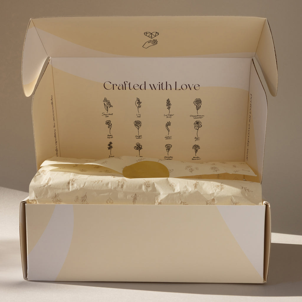 The Gift Box Add-On features an open beige box with "Crafted with Love" text and floral illustrations inside the lid—a perfect elegant finishing touch for your gift wrapping.