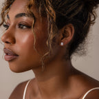 Close-up of a woman wearing silver diamond earrings against a neutral background