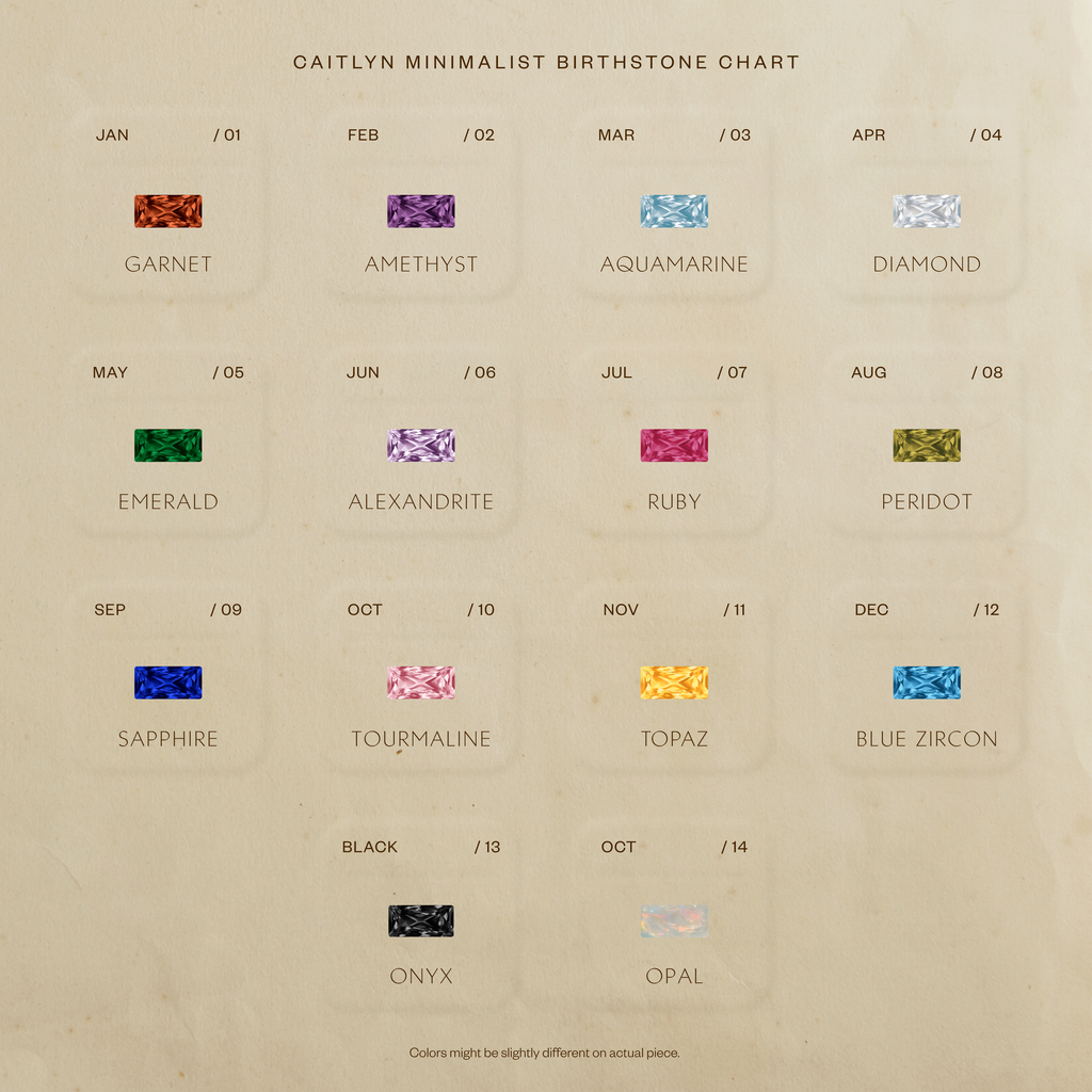 Our Multiple Baguette Birthstone Huggies in Rose Gold showcase vibrant monthly gems and black onyx, arranged in a striking 4x4 chart—ideal inspiration for your next petite hoop earrings.
