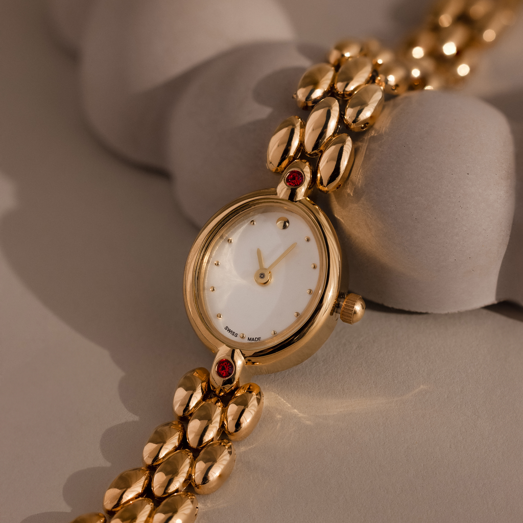 Close up of the watch dial on our Cherry Blossom Timepiece watch