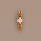 Our Cherry Blossom Timepiece watch with ruby gemstones against a beige background