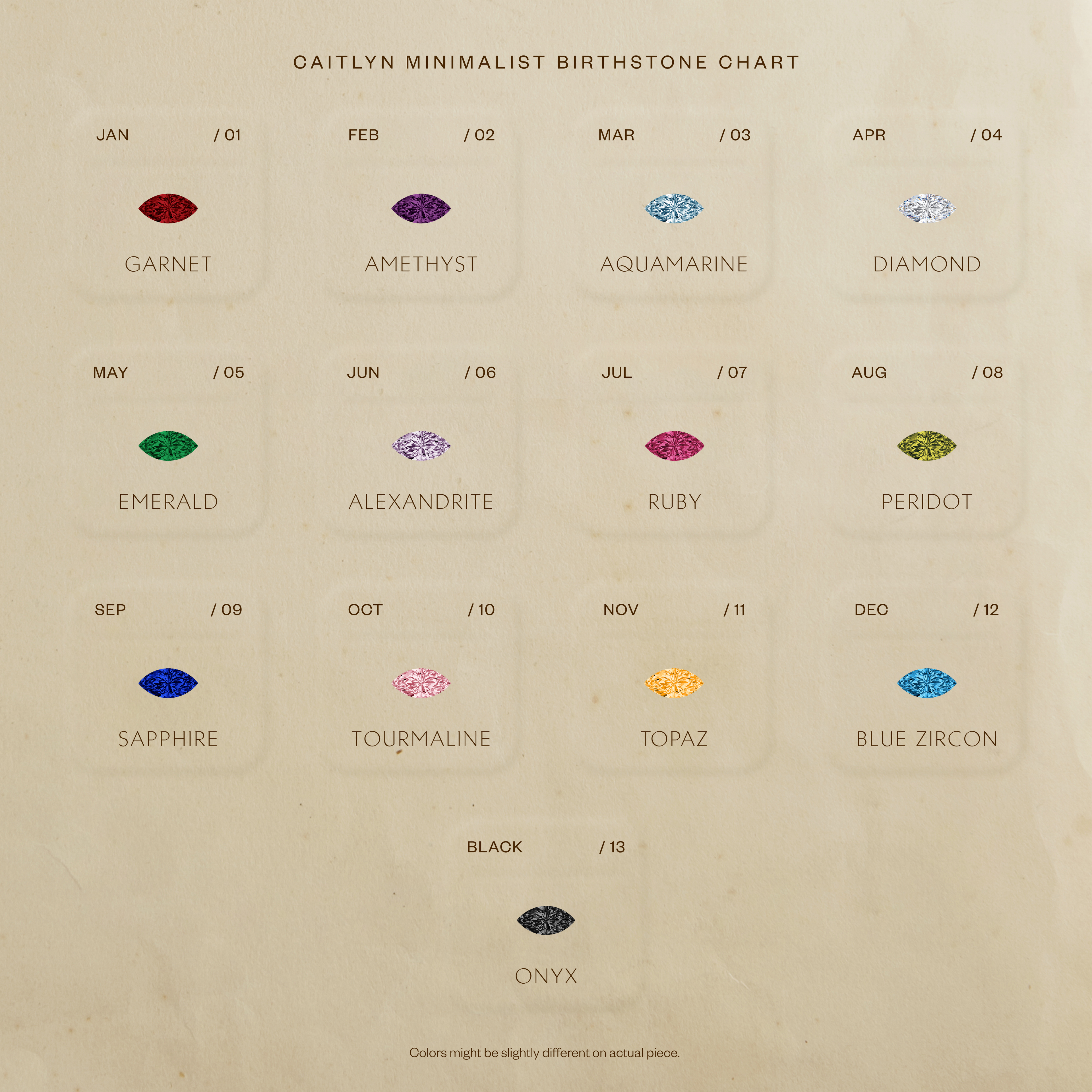 A minimalist chart features marquise-cut birthstones for each month, gemstone illustrations, and a customizable Marquise Onyx & Pearl Necklace design, with black onyx shown at the bottom.