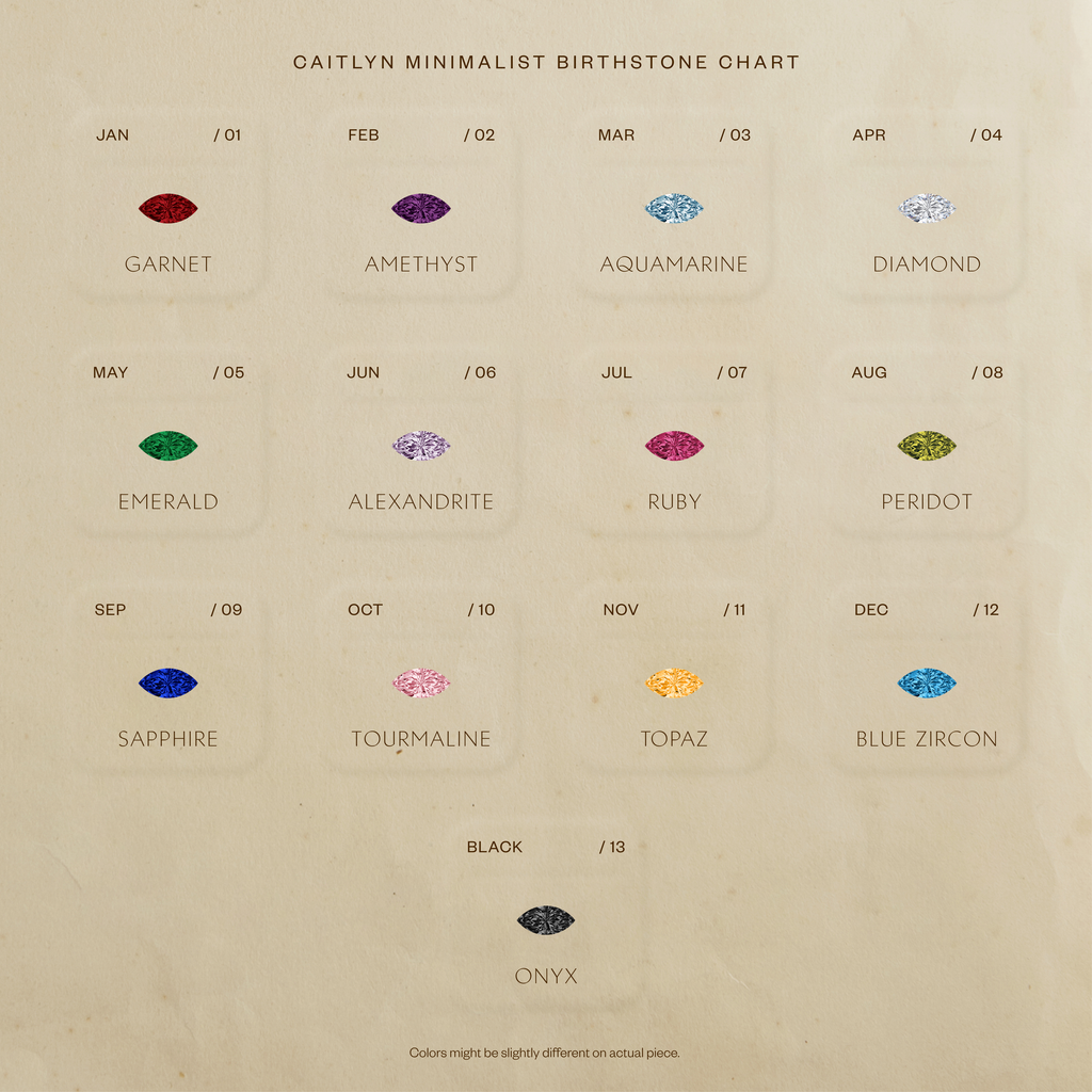 A minimalist chart features marquise-cut birthstones for each month, gemstone illustrations, and a customizable Marquise Onyx & Pearl Necklace design, with black onyx shown at the bottom.