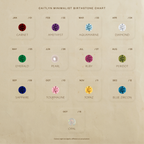 A chart displays each month's birthstone with gemstone colors, names, and Halo Birthstone Studs earrings on a beige background.