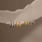 Six small hoop earrings in silver and gold tones displayed on a white textured band against a warm taupe background.