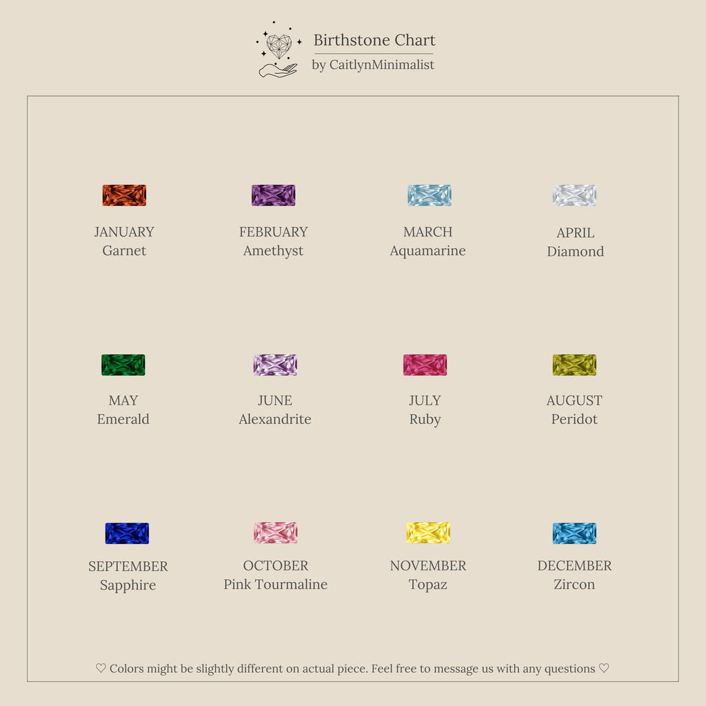 A chart of birthstones for each month, featuring colored gems and names—ideal inspiration for modern pieces like our Staggered Baguette Garnet Huggies.