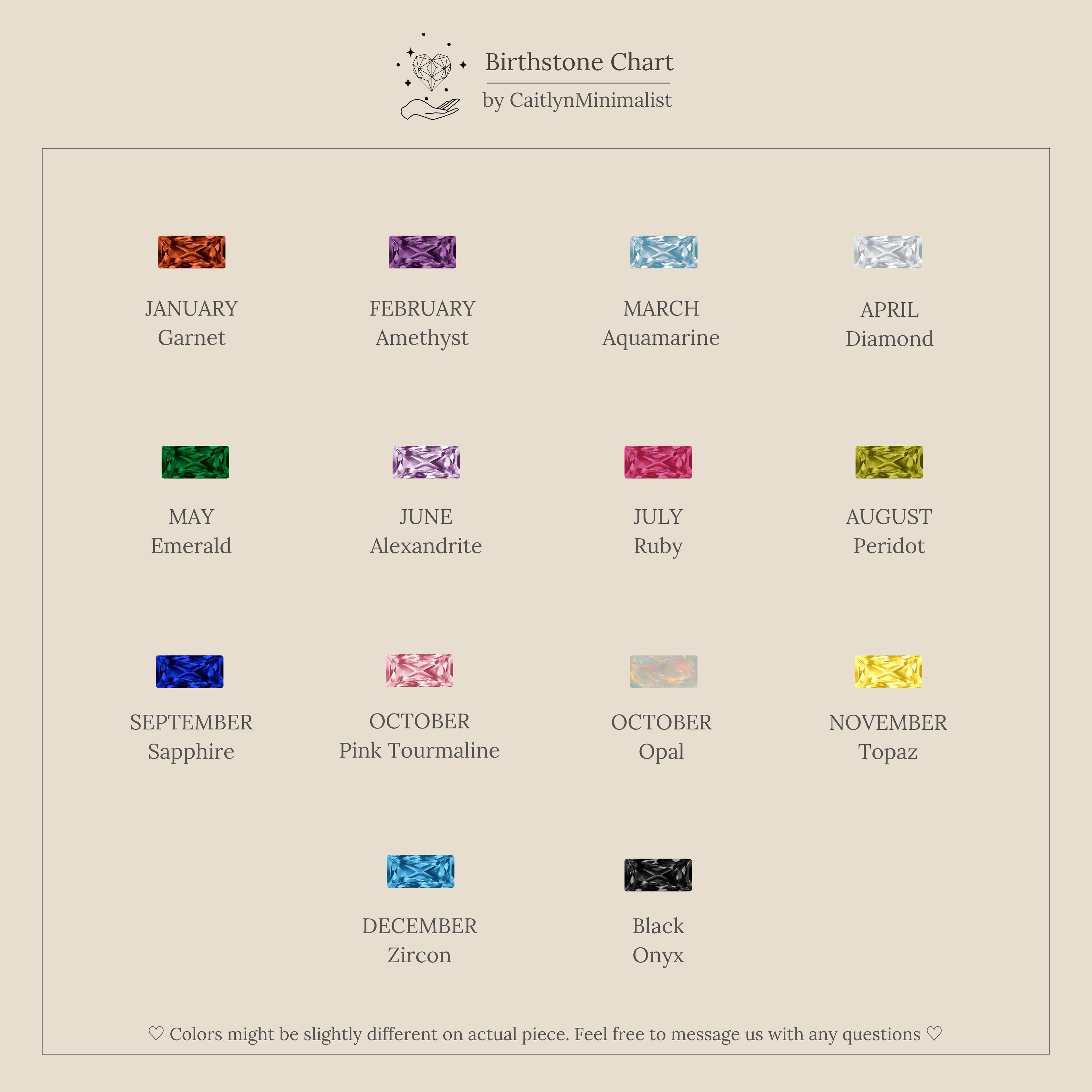 A minimalist birthstone chart displays gems for each month and their names, plus black onyx as an extra—perfect inspiration for your next Dainty Ribbed Topaz Ring or stacking ring design.