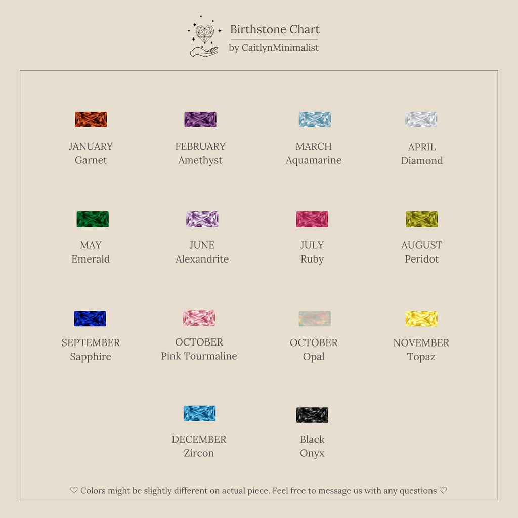 A 4x4 chart displays each month's gemstone, labeled and beautifully arranged—perfect inspiration for our Multiple Baguette Birthstone Huggies or custom colorful jewelry.