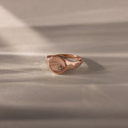 The North Star Aquamarine Signet Ring, vintage-inspired and accented with a delicate gem, rests on a soft beige surface in gentle light, capturing the allure of symbolic jewelry.