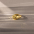 The North Star Alexandrite Signet Ring features a hammered gold band with a small pink alexandrite gemstone at its center, displayed on a soft surface.
