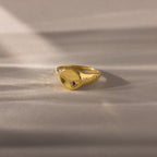 The North Star Amethyst Signet Ring features a hammered gold band with a small purple amethyst centerpiece, set on a soft beige surface—an ideal symbolic piece for everyday wear.