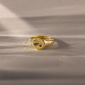 The North Star Birthstone Signet Ring in garnet, a symbolic gold piece for January birthdays, rests on a soft beige surface.