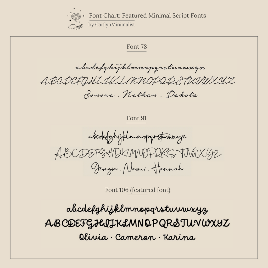 Font chart featuring three minimal script fonts for the Tiny Dream Name Necklace, with sample names in cursive and uppercase—perfect for choosing your personalized necklace font.