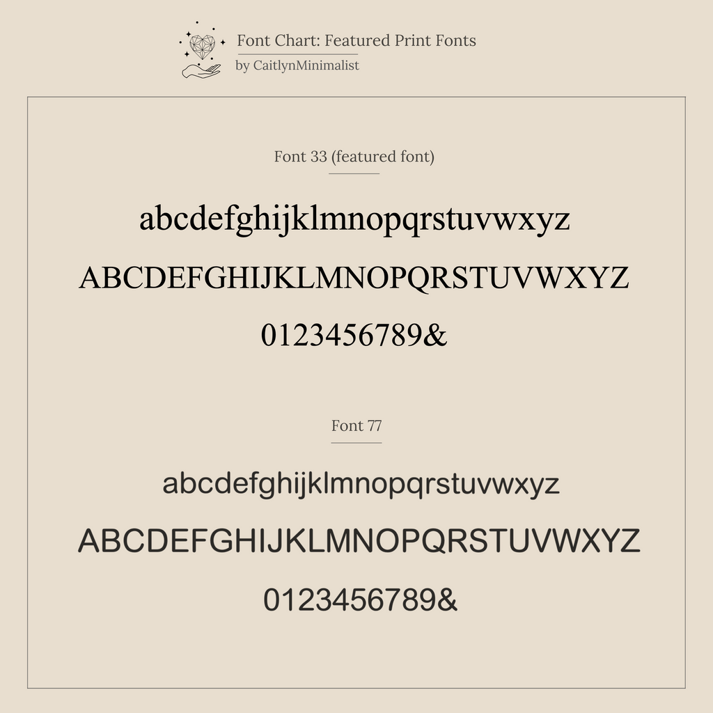 Font chart featuring two serif fonts with lowercase, uppercase, and numbers—ideal for customizing your Pave Pearl Initial Necklace.
