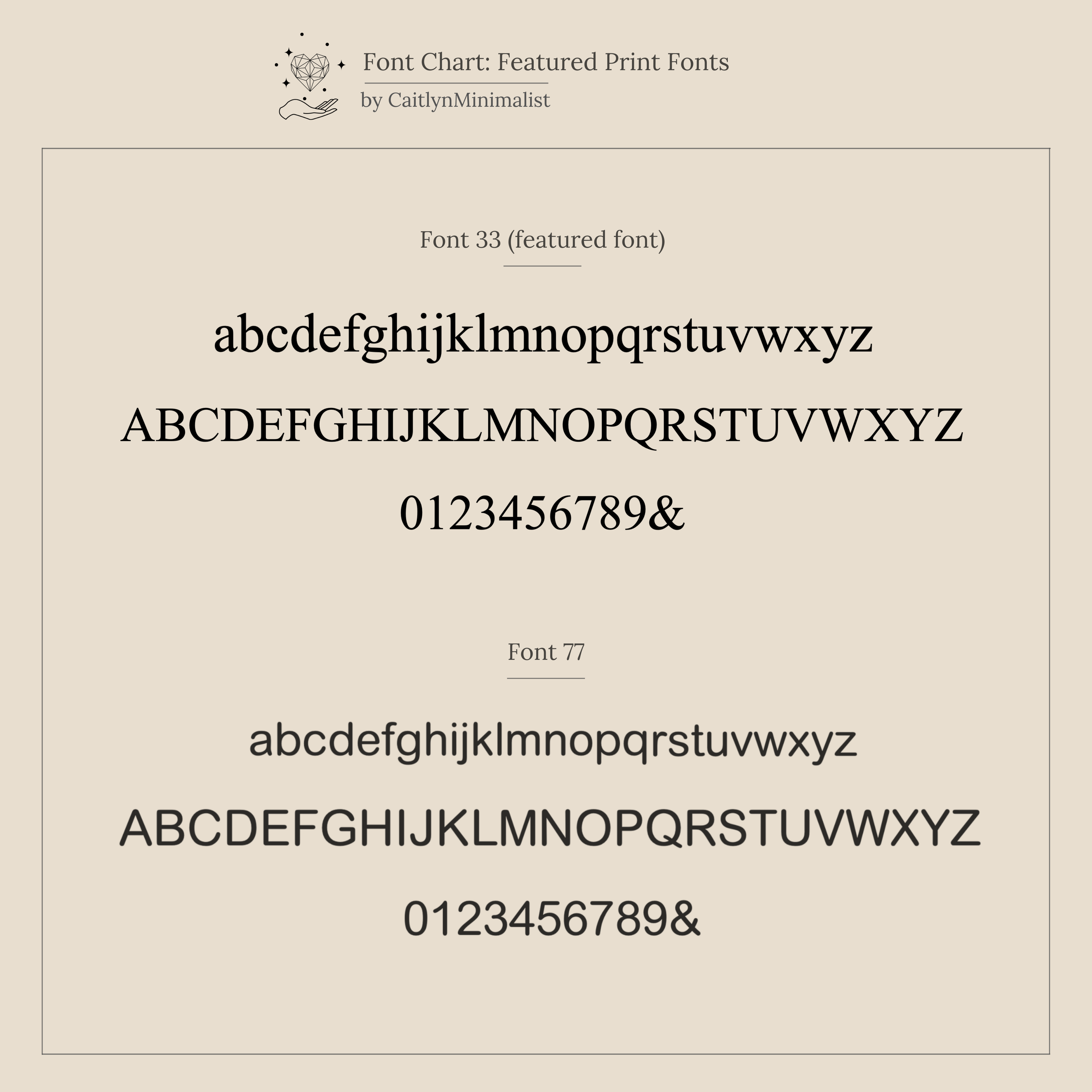 Font chart featuring two serif fonts with lowercase, uppercase, and numbers—ideal for customizing your Pave Pearl Initial Necklace.
