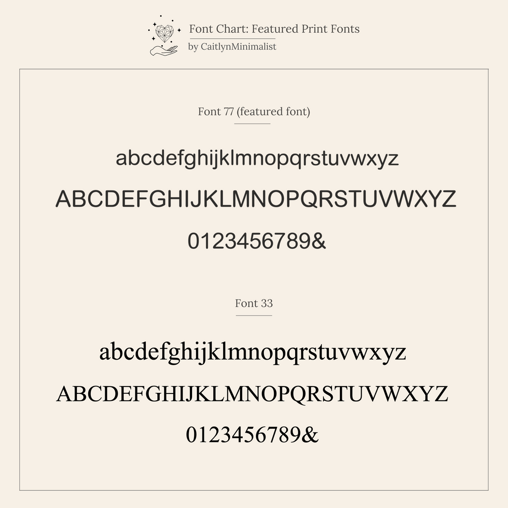 Font chart displaying two serif fonts with uppercase, lowercase, numbers, and ampersand—ideal for designing your personalized Pearl Initial Pendant Necklace.