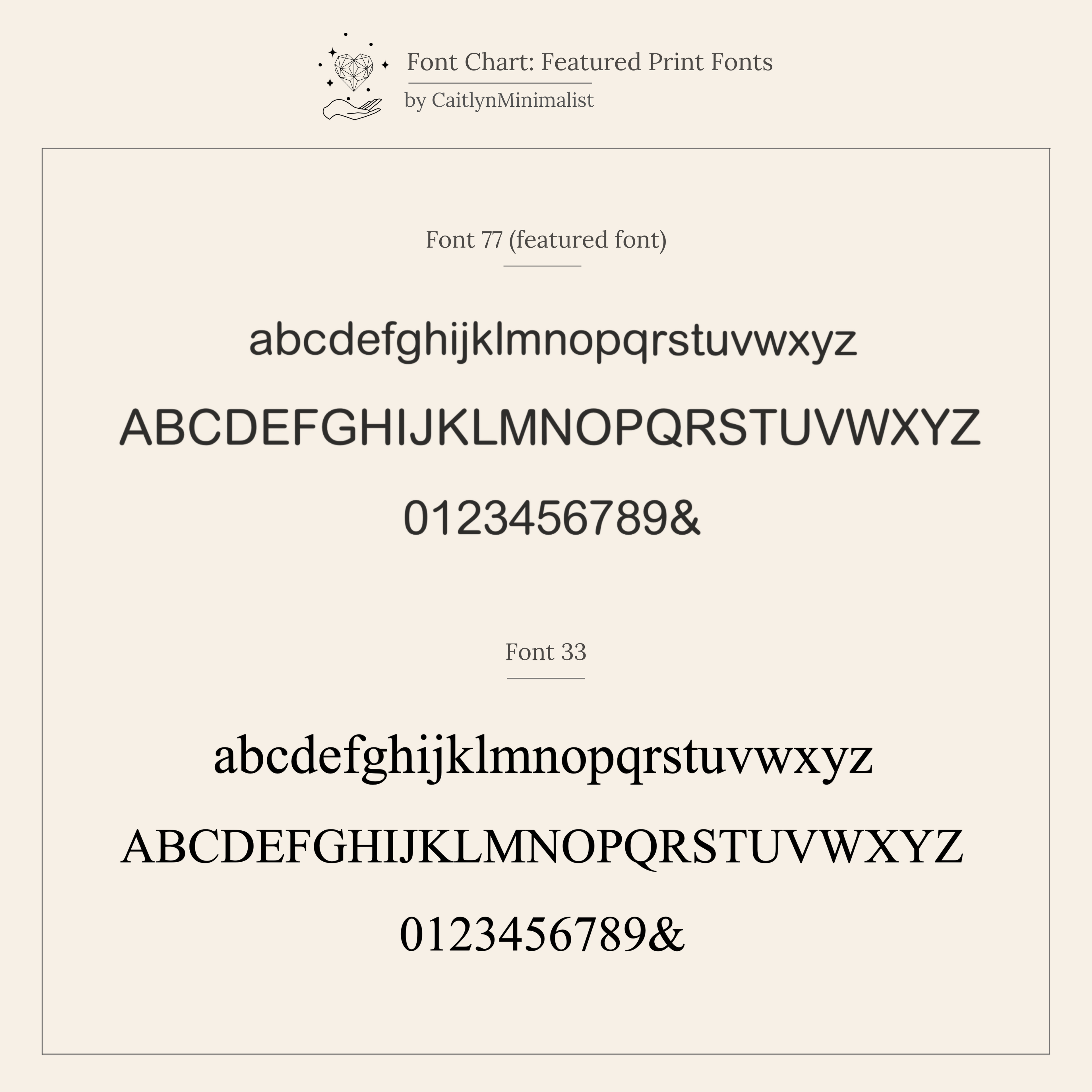 Font chart displaying two serif fonts with uppercase, lowercase, numbers, and ampersand—ideal for designing your personalized Pearl Initial Pendant Necklace.