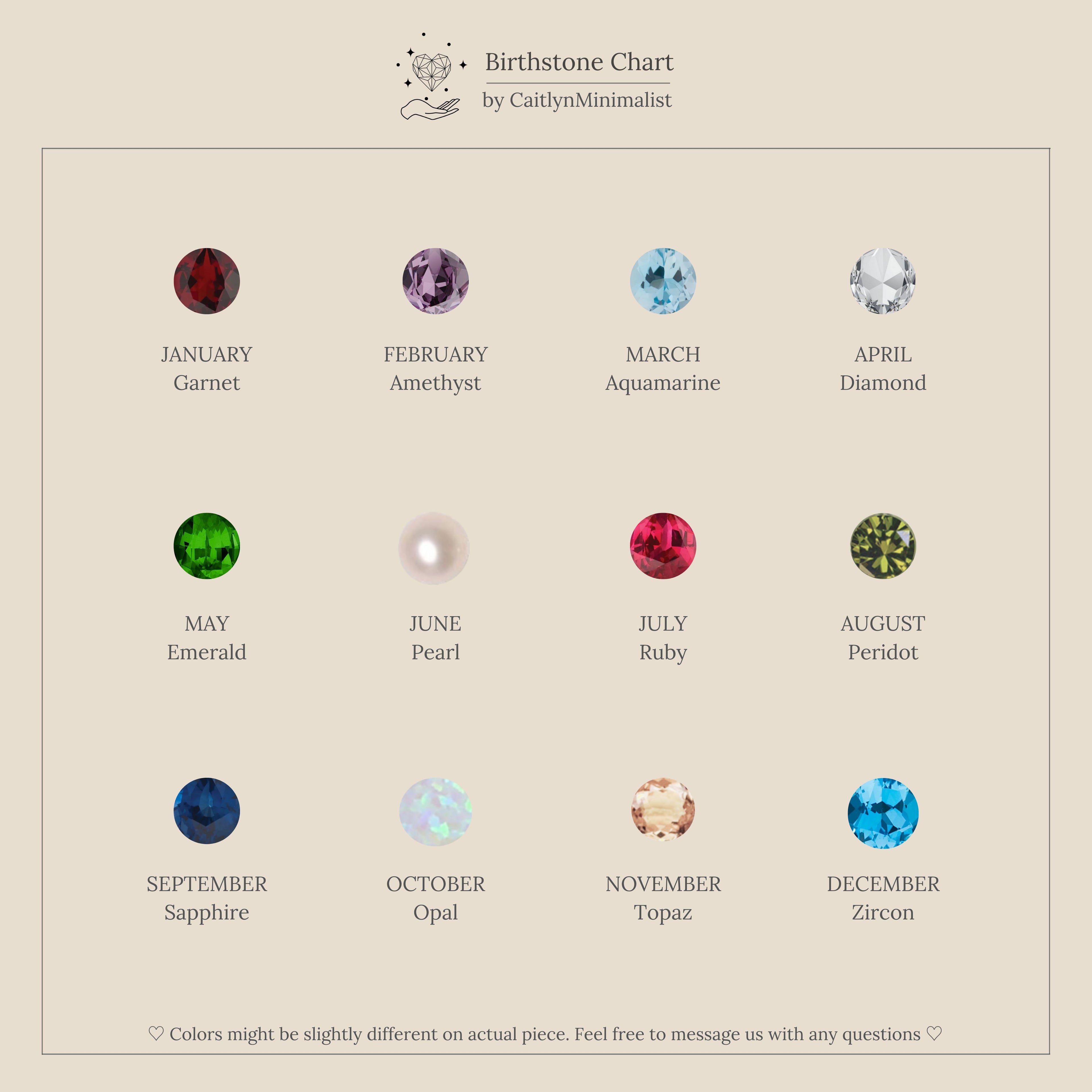 A 12-gem birthstone chart with each month's stone and name, arranged in a 3x4 grid on cream—an ideal guide for selecting minimalist jewelry or customizable hoops like the Triple Topaz Huggies.