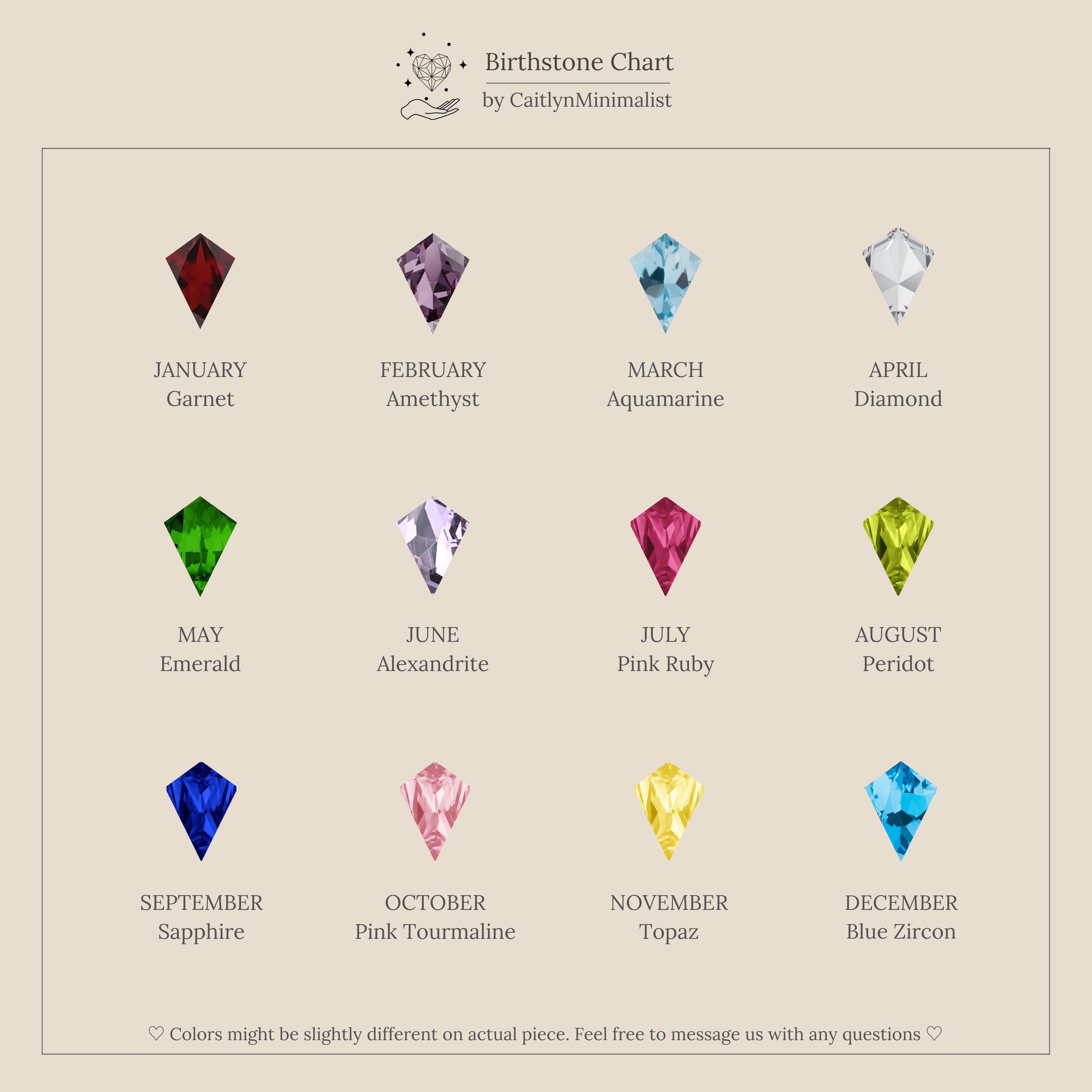 12 colored gemstone icons, each labeled by month and stone, on a beige “Birthstone Chart”—ideal for selecting personalized jewelry like the Blue Zircon Drop Huggies or birthstone earrings.