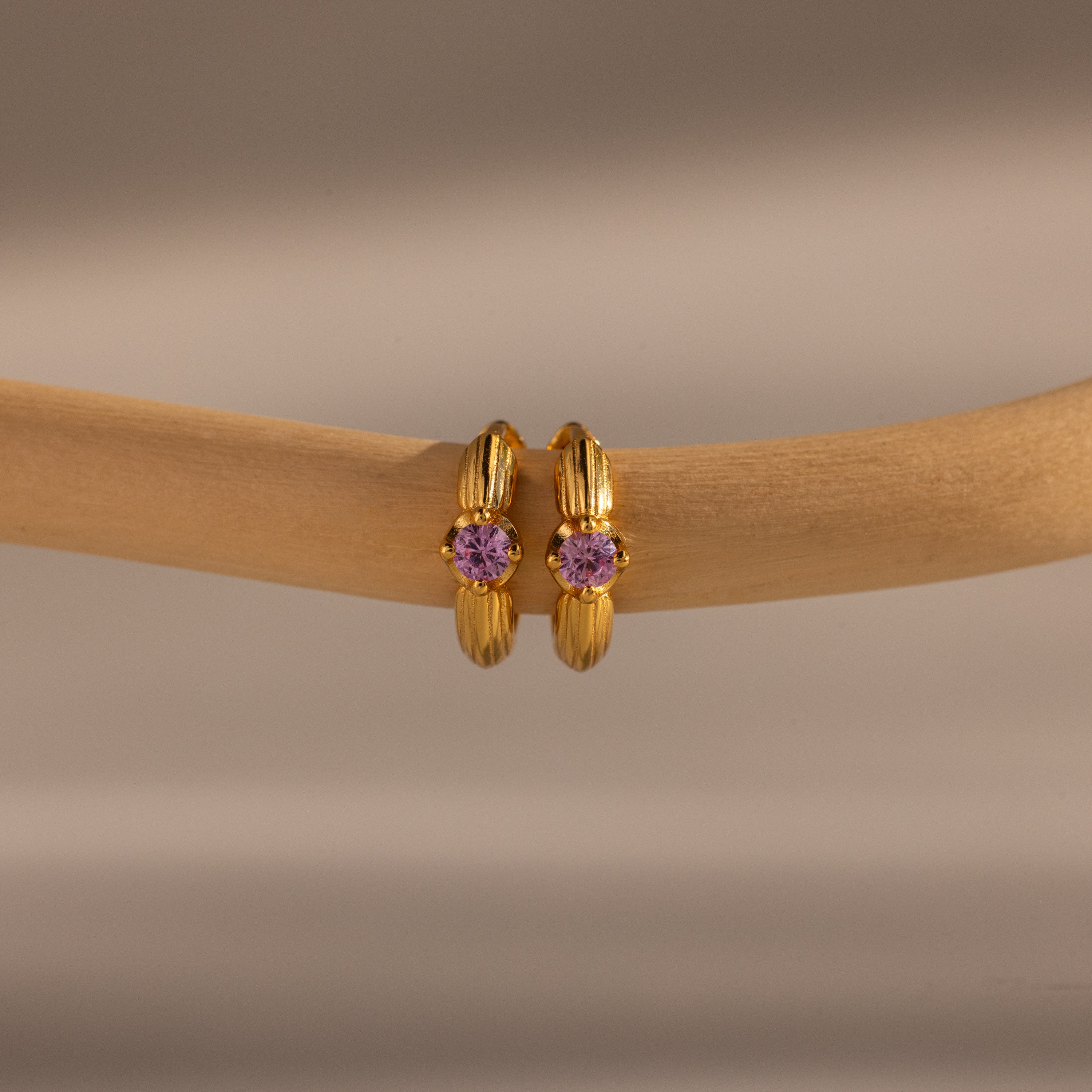 Ribbed Alexandrite Huggies—gold hoop earrings featuring purple gemstones—displayed on a light brown branch with a beige background.