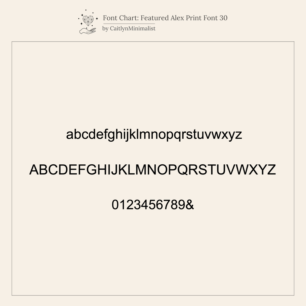 Sample font chart with uppercase, lowercase letters, numbers, and an ampersand in a sans-serif style—ideal for personalizing your Multiple Name Tennis Bracelet.