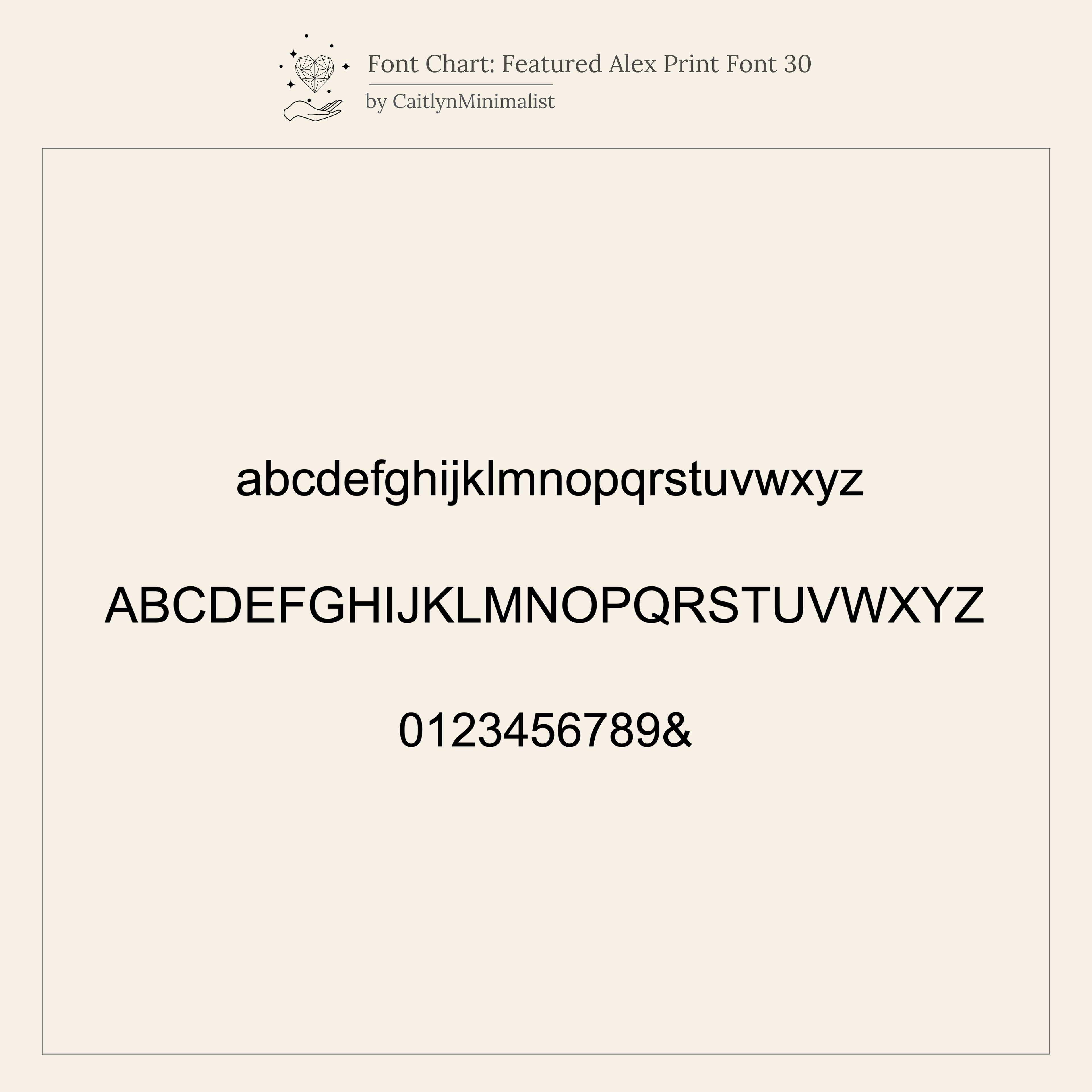 Sample font chart with uppercase, lowercase letters, numbers, and an ampersand in a sans-serif style—ideal for personalizing your Multiple Name Tennis Bracelet.