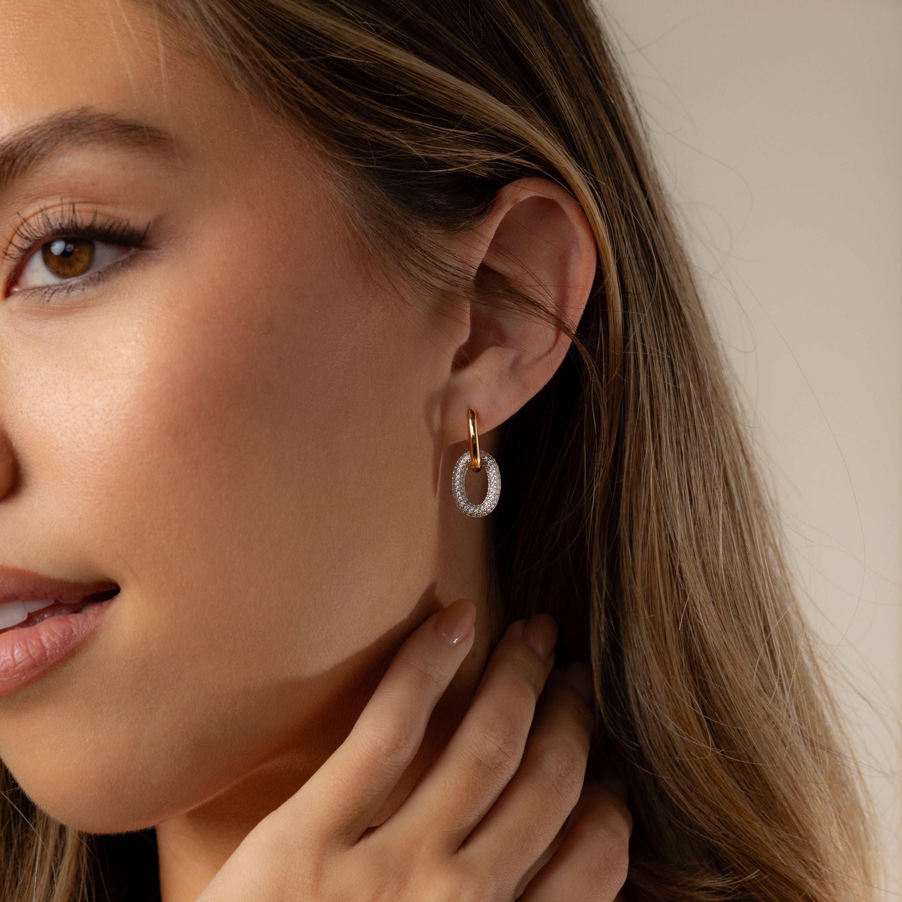 Mixed Metal Linked Pave Hoops