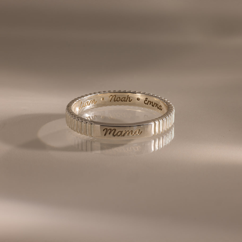 Custom Dainty Ribbed Name Ring in Silver | Caitlyn Minimalist