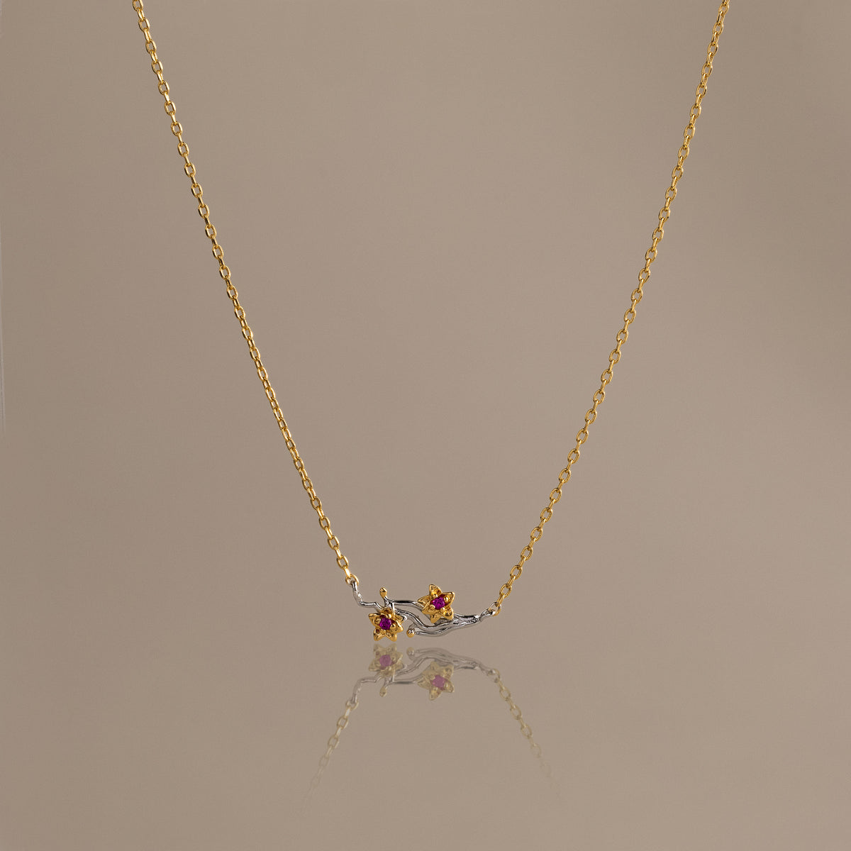 Mixed Metal Ruby Flower Necklace