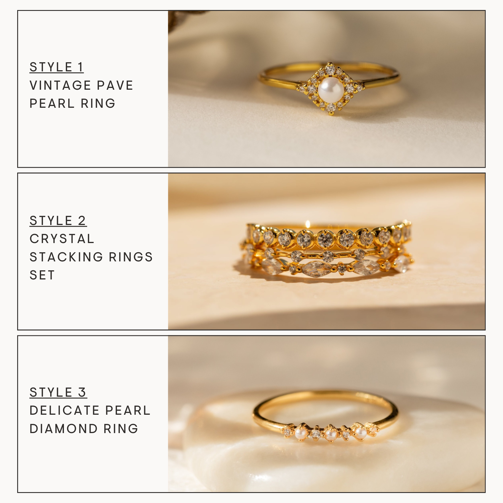 Three elegant gold rings, including Pearl Diamond Stacking Rings, a Vintage Pave Pearl Ring, and a Crystal Stacking Ring Set.