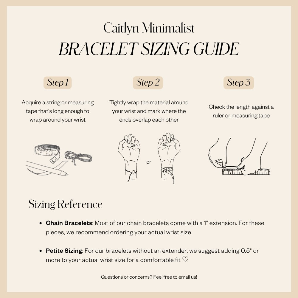 Bracelet sizing guide with three illustrated steps, measuring tape, and tips on a beige background—perfect for choosing the ideal Mixed Metal Link Bracelet as a thoughtful gift for him.
