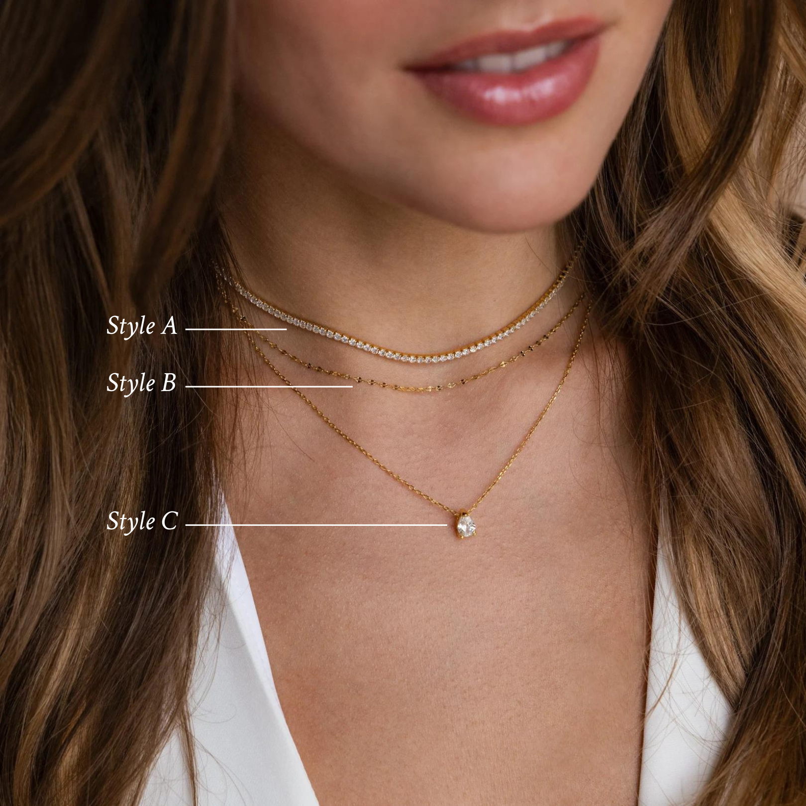Close-up of a woman wearing the Dainty Diamond Necklace Set—three layered necklaces with a shining 925 sterling silver round pendant, styled with an elegant Tennis Choker Necklace.