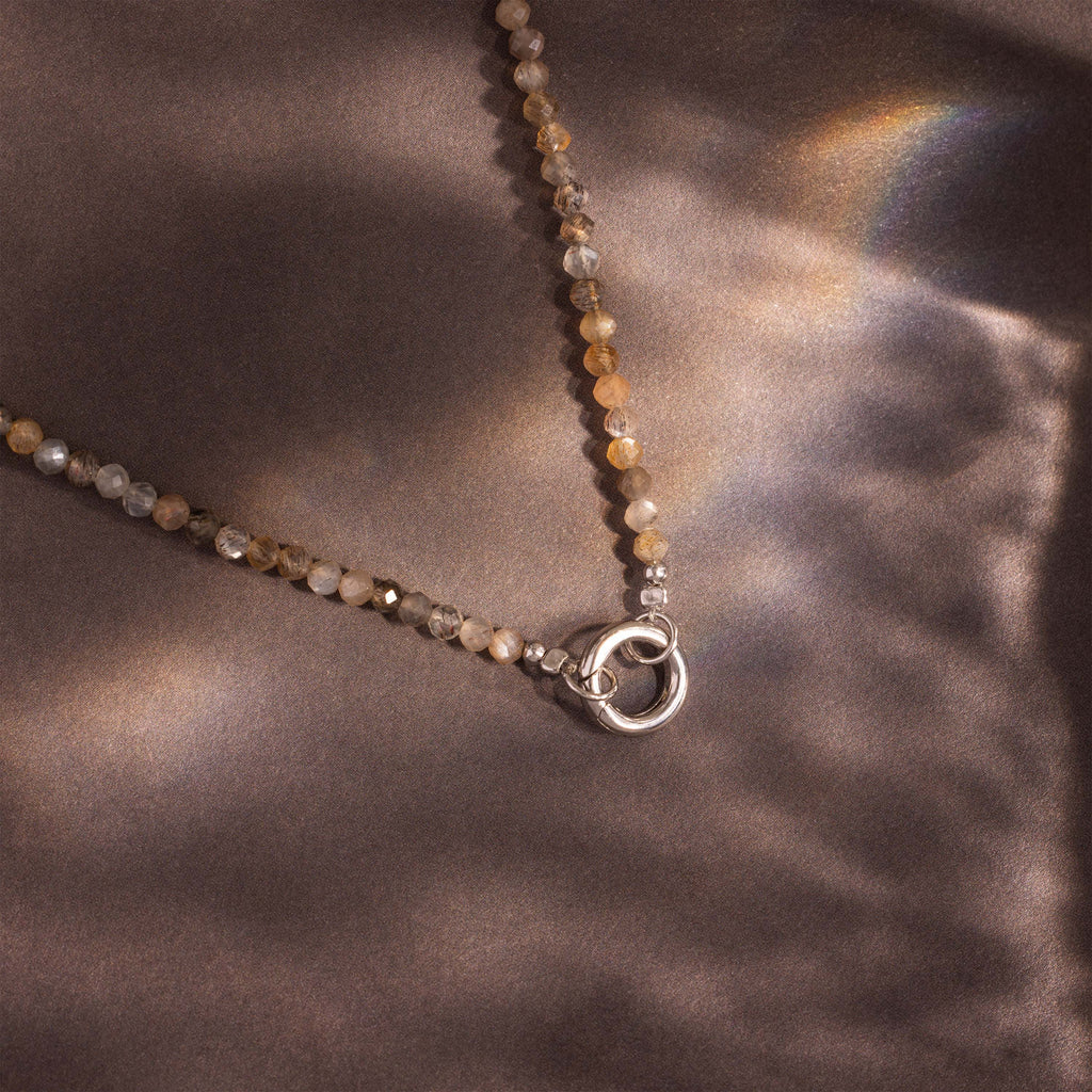 Sunstone Beaded Charm Necklace in Silver