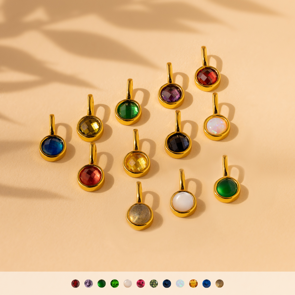 Twelve Signet Birthstone Charms in Bezel Setting - Blue Zrcon, Peridot, Emerald, Alexandrite, Garnet, Ruby, Topaz, Sapphire, Opal, Labradorite, Mother of Pearl and Jade